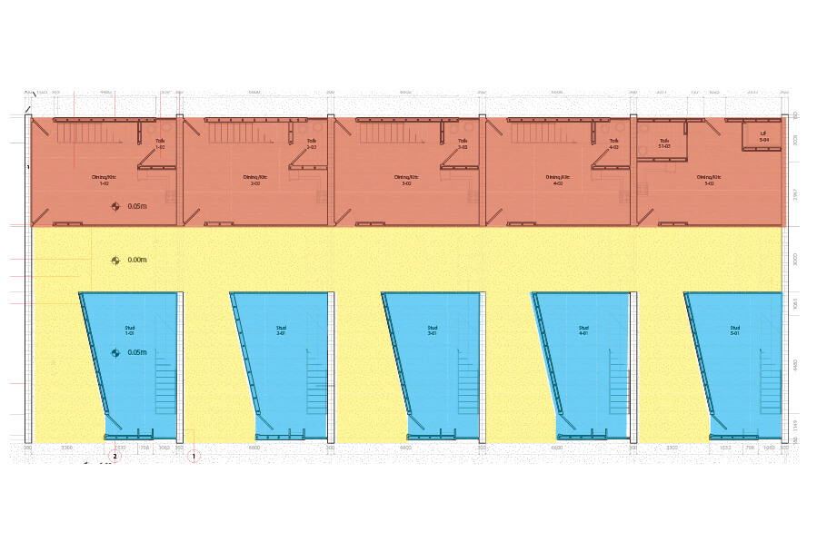 Diagram overlayed on the plan showing interior, and exterior space flow